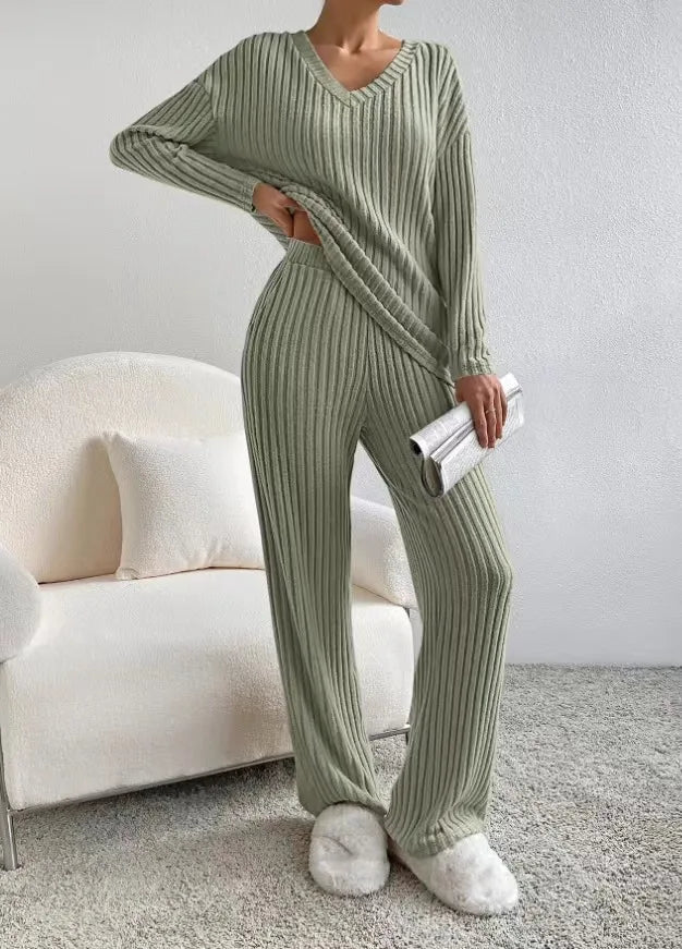 New autumn and winter women's sleepwear fashionable home wear casual straight leg pants loose V-neck knitted sweater best-seller