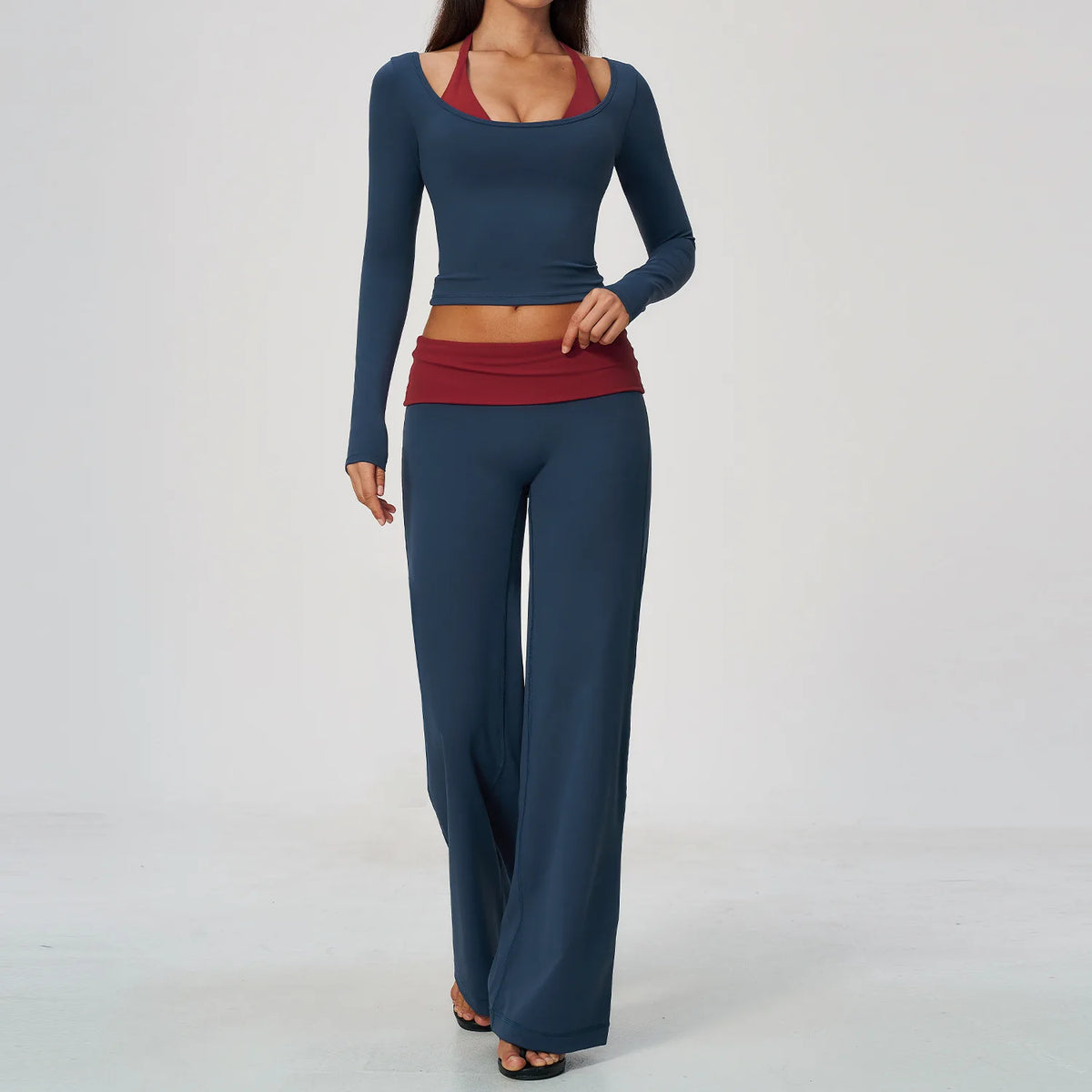 Women 2 Piece Yoga Set Gym Clothing Fitness Suit Workout Tracksuit Running Sportswear Outfits Layered Long Sleeve Wide Leg Pants