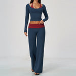 Women 2 Piece Yoga Set Gym Clothing Fitness Suit Workout Tracksuit Running Sportswear Outfits Layered Long Sleeve Wide Leg Pants