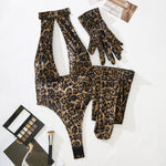 Women Leopard Print Bodysuit With Gloves Leggings Hollow Out Backless Deep V Suspenders Sleeveless Bodysuits Charming Thin 3X4C