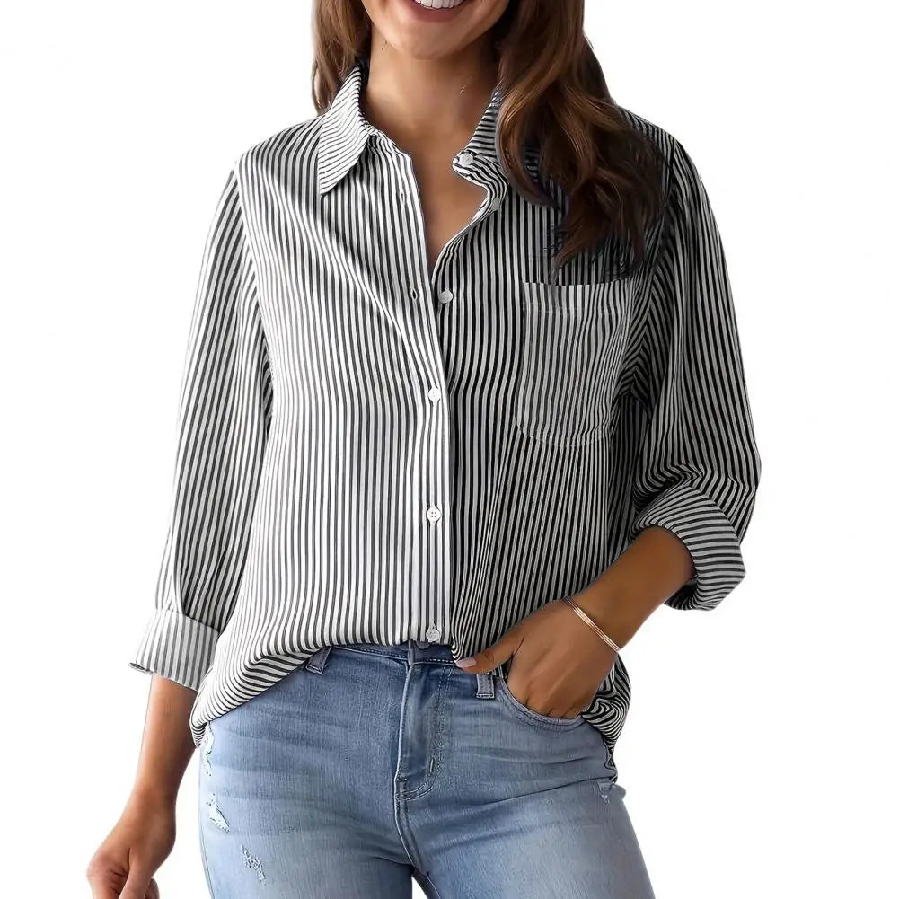 Women Shirt Lapel Long Sleeve Women's Shirts Single Breasted Shirt Tops with Patch Pocket Office Tops