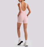 Sexy Sleeveless Backless Scrunch Yoga Jumpsuit Women Color-block U Neck Slim Sports One Piece Suits Tight Fitness Gym Overalls