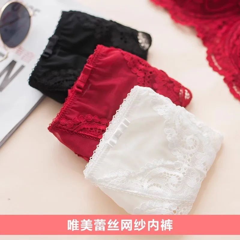 French Girl Lingerie Red Thin Hollowed Half Cup Bra SetSexy Tushy Xmas Gift Her Desire Temptation Lace Hip Out Holiday Season