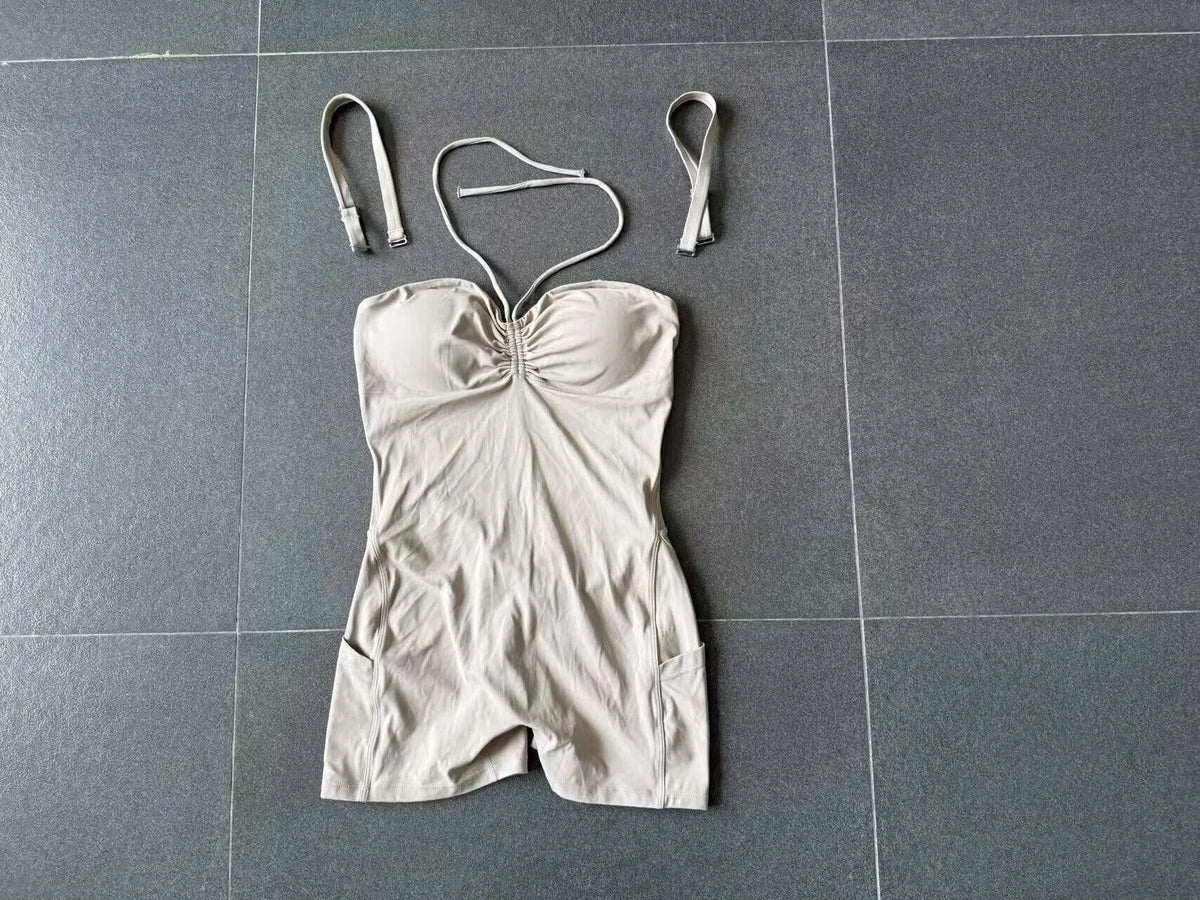 Womens Two Way Wear Bodysuit Sleeveless Yoga Stretch One Piece Romper Sexy Fitness Side Pockets Sportwears Bodysuit