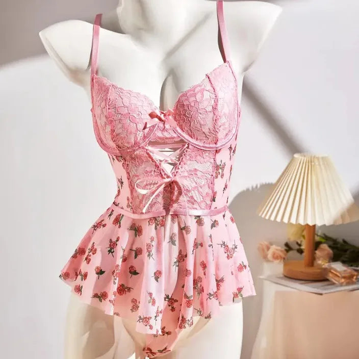 Sexy Hollow Women Bodysuit French Lace Ultra Thin Pink Printed Fabric Lingerie Summer Mesh Breathable Onesies Ladies Exotic Sets