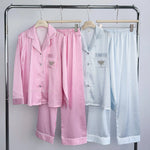 Women Ice Silk Striped Pajama Set Lapel Open Front Long Sleeve Top Long Pants Loose Pink White Light Blue Block Loungewear