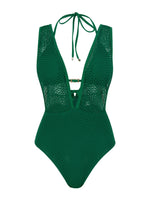 S - XL Deep V Neck Knit Fishnet Mesh One Piece Swimsuit Women Swimwear Female Backless Monokini High Leg Cut Bathing Suit Swim