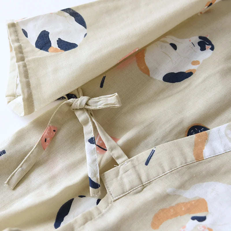 New Japanese-style Kimono Two-piece Couple Pajamas Cover Men and Women Pure Cotton Gauze Cute Kitten Thin Home Service Plus Size