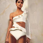 One Piece Swimsuit Sexy Long Sleeve Tropical Print Swimwear Women Bandage Monokini Hollow Out Bathing Suit String Beachwear 2023