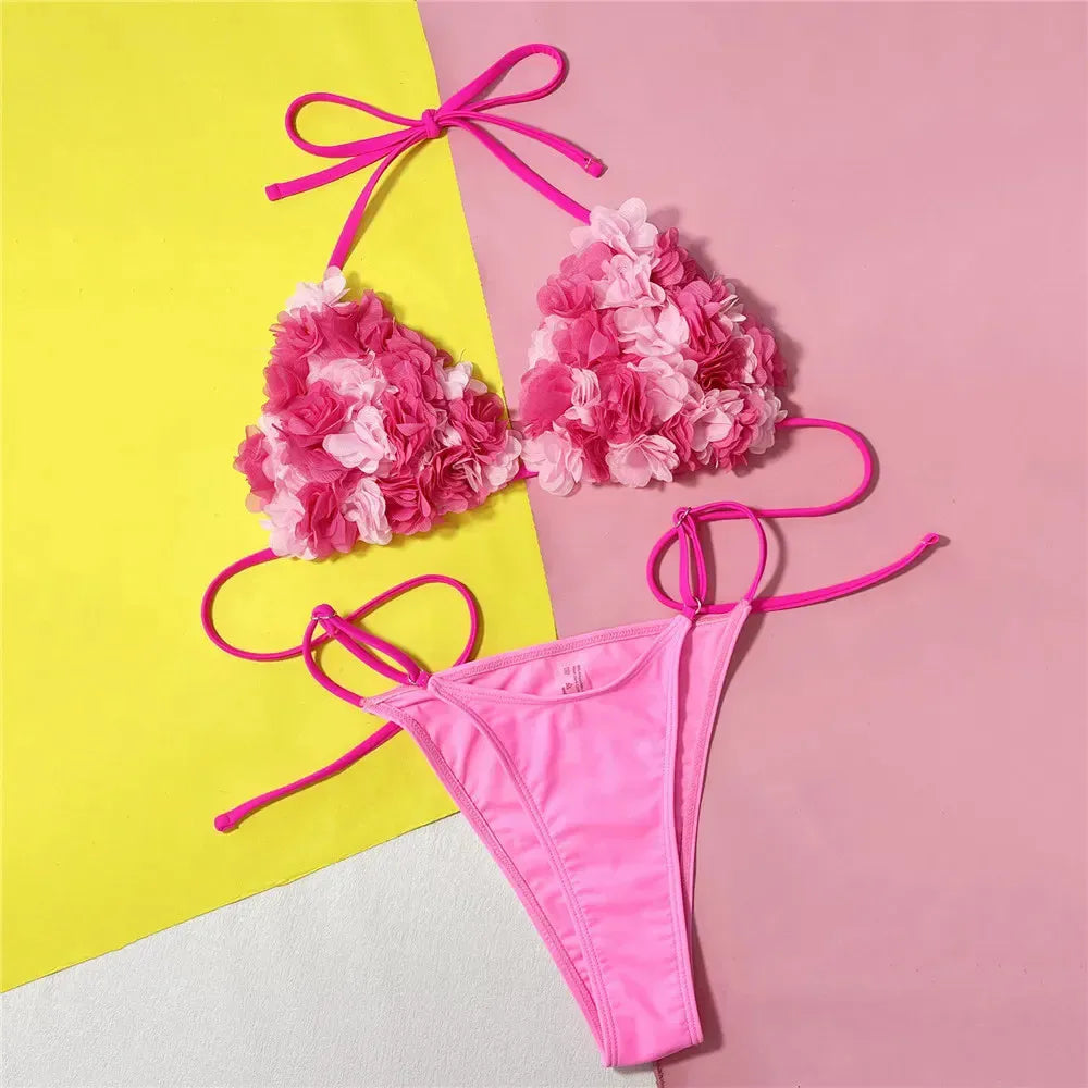 Sexy Pink Flower Swimwear Triangle Halter String Micro Bikini Thong Swimsuit Women 2025 Mesh Petal Bathing Suit Bikinis De Mujer