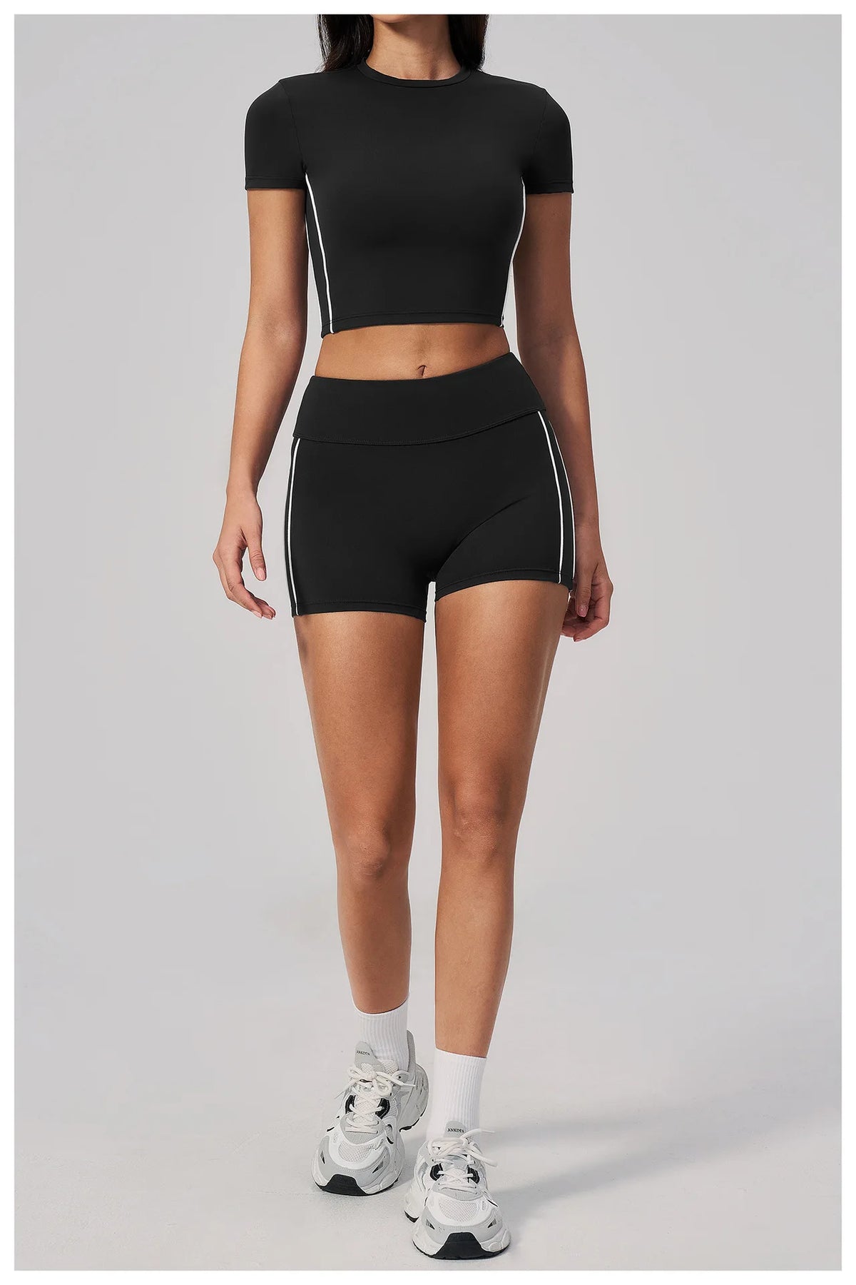 Color Contrast Yoga Suit Women Short Sleeve O Neck Sports T Shirts Tracksuit Outwear High Waist Shorts Gym Running Fitness Suits