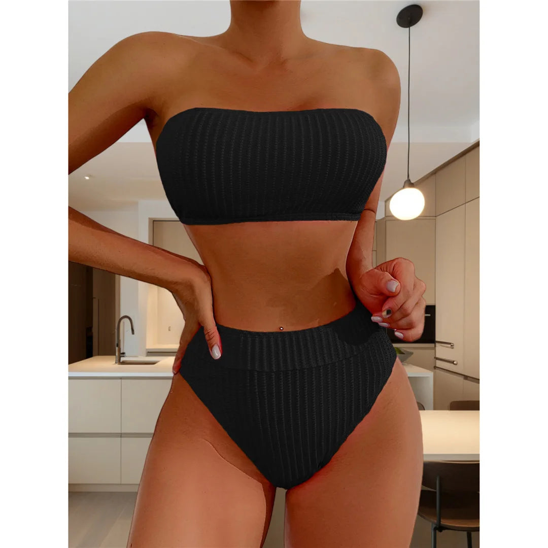 S - XL Bandeau Wrinkled Female Swimsuit High Waist Bikini Women Swimwear Two-Pieces Bikini Set Bather Bathing Suit Swim V5904