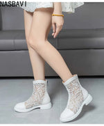 Women White Gladiator Ankle Boots Round Toe Square HeelBreathable Mesh Large Size 34-45 Sweet Princess Cool Sandals Boots New