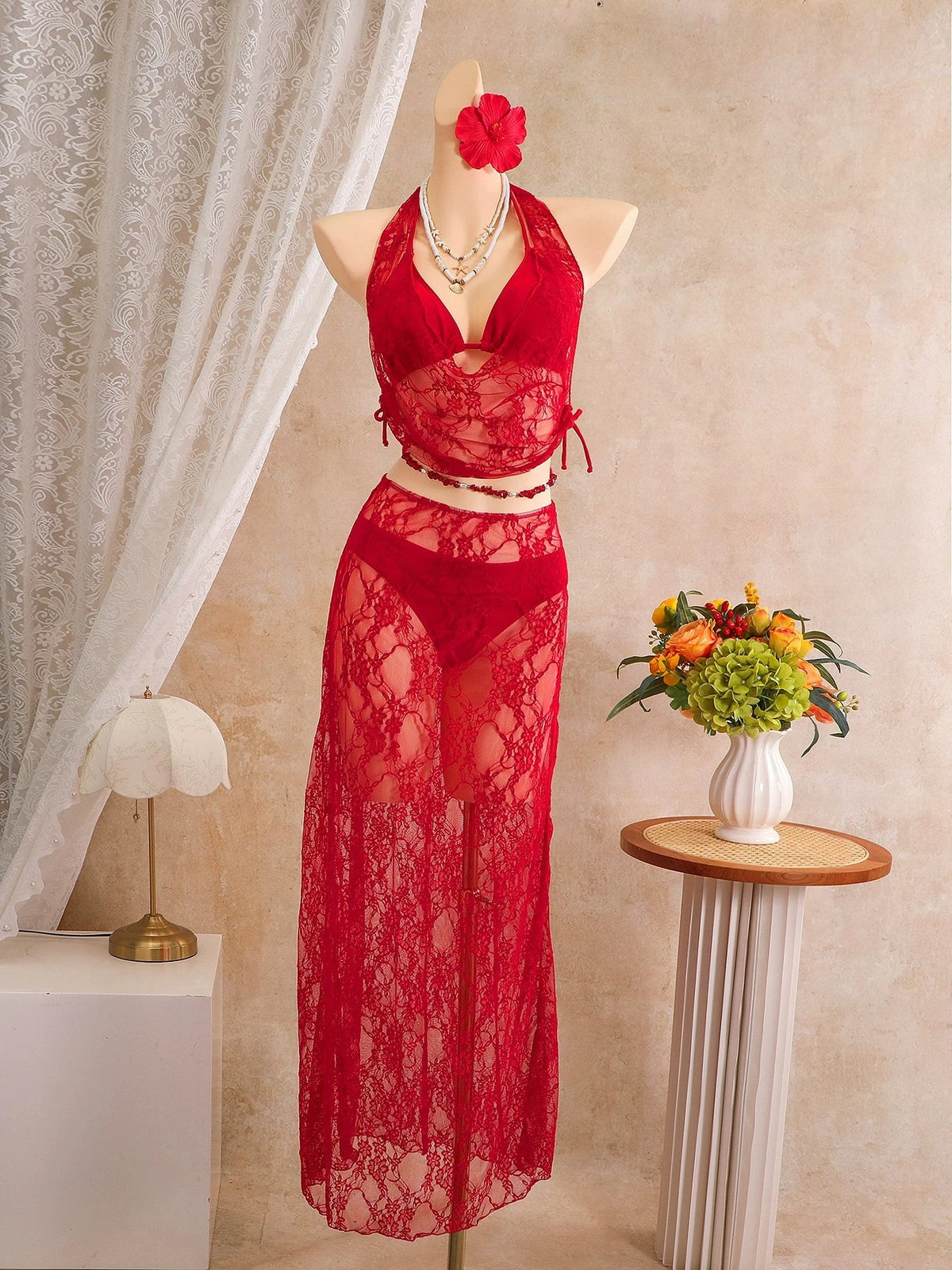 DEKA Holiday Red Solid Lace Bikini Set Women Mesh Cover Up +long Skirt 3 Piece Swimsuit Summer Bathing Suit Swimwear Biqui