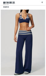 Fake Two-piece Sports Bra Yoga Sets Women Coffee Striped Patchwork Folding High Waist Wide Leg Pants Gym Running Fitness Suits