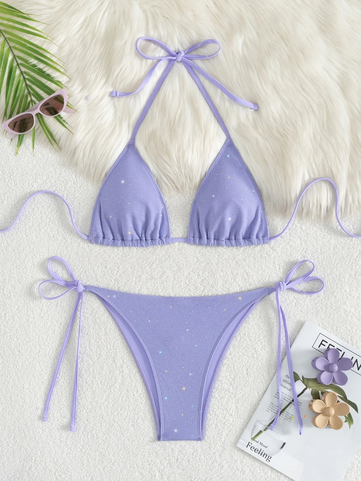DEKA Triangular Shiny Bikini Set Sparkling Halter Strappy High Cut Bikini Female Thong Swimsuit Women Swimwear Bathing Suit