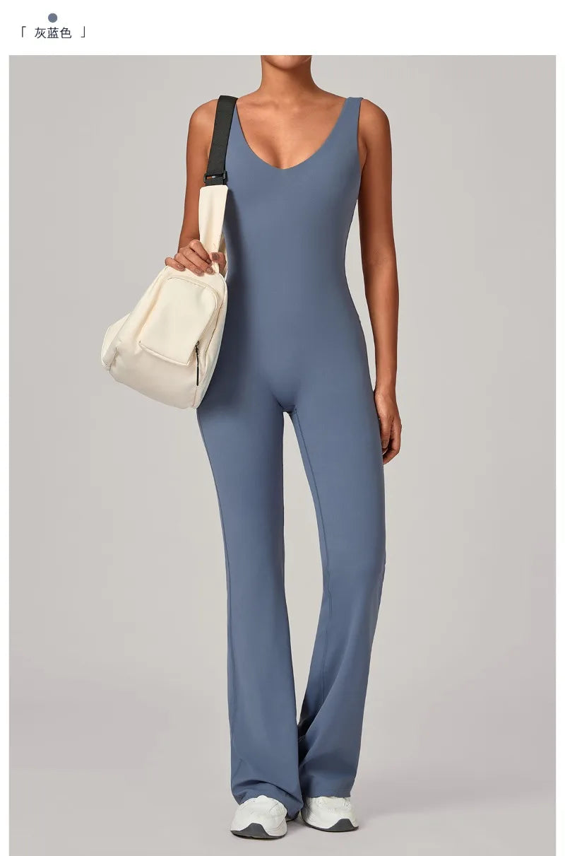 Women's Seamless Yoga Jumpsuits Sports Fitness Sleeveless Hip-lifting Flared One-piece Workout Gym Training Slim Fit Bodysuits