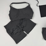 STOUREG Women's Fashion 2 Piece Sports Set Lace Up Sports Bra Seamless Shorts Leggings Yoga Gym Fitness Running Tracksuit