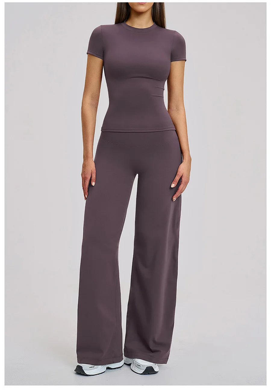 Yoga Set 2 Pieces Women Fitness Sportswear Gym Loose wide-leg pants Long-sleeved T-shirt Sports Crop Tops Tracksuit Workout Wear