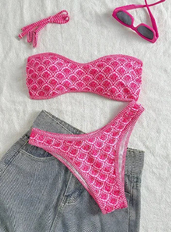 Sexy Bandeau Bikini 2026 Women Green Floral Pleate Push Up Padded Thong Swimsuit Summer Bathing Suit Two Piece Swimwear Biquini