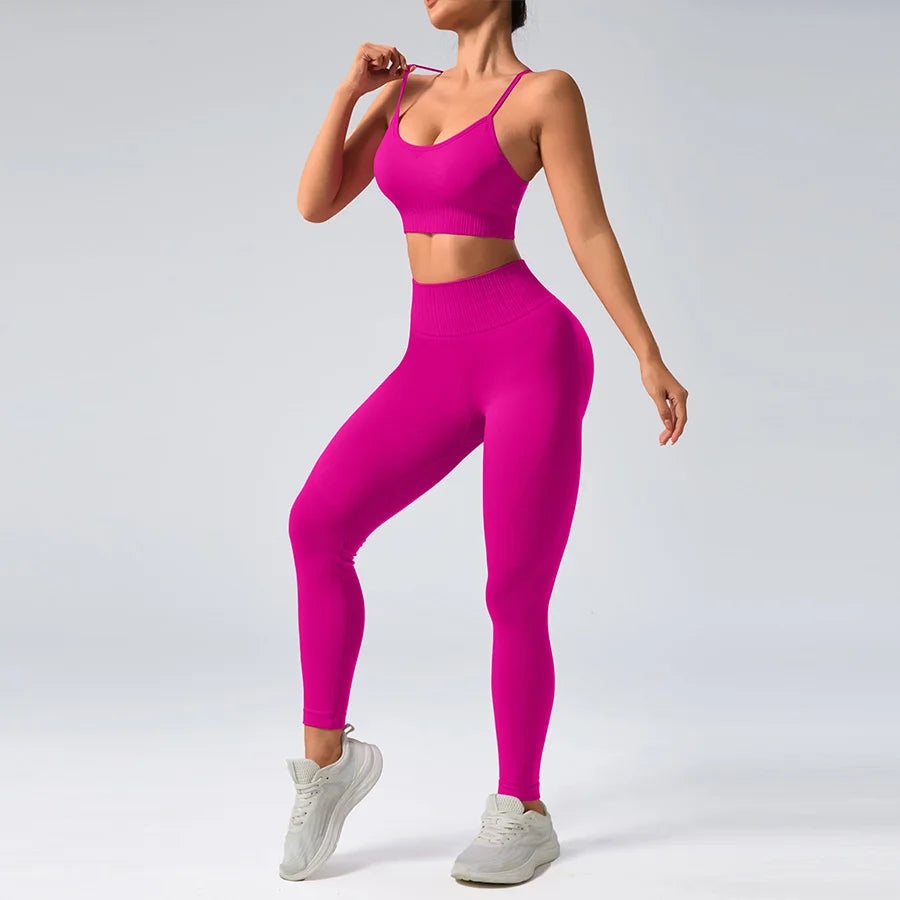 2 pcs/set Seamless Tight Pants Set Rose Red Tank Top Outfit Women's Clothing BreathableTrousersAthleisure Fitness Pants