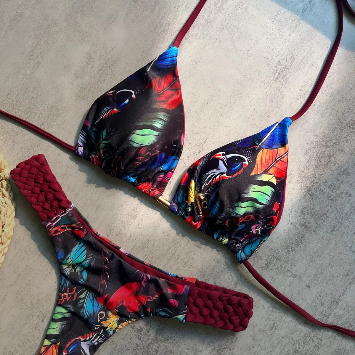 Printed Halter Braided Rope Mini Thong Bikini Female Swimsuit Women Swimwear Two-pieces Bikini Set High Cut Bather Bathing Suit