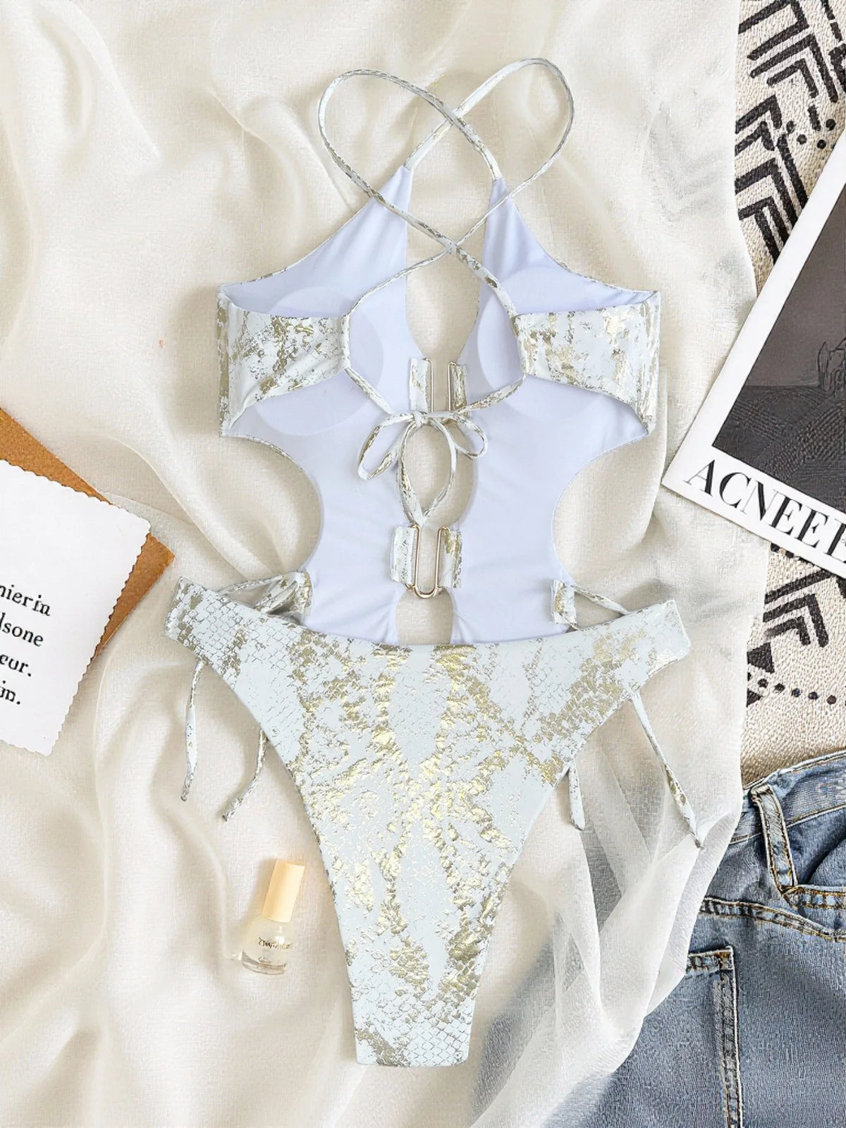 Sexy White Brozing Sequin Snake Print One Piece Swimwear Women 2026 Hollow Out Backless Thong Bikini Beach Bathing Suit Wimsuit