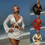 Summer 4 Piece Bikini Set 2025 Women Sexy Black Long Sleeve Cover Up and Skirt Swimsuit Beach Bathing Suit Holiday Swimwear