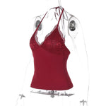 FDYOUI Woman Clothing Lace Patchhwork Camisoles Top Y2K Streetwear Sexy Halter Neck Bandage Cropped T-shirt Female Corset Tops