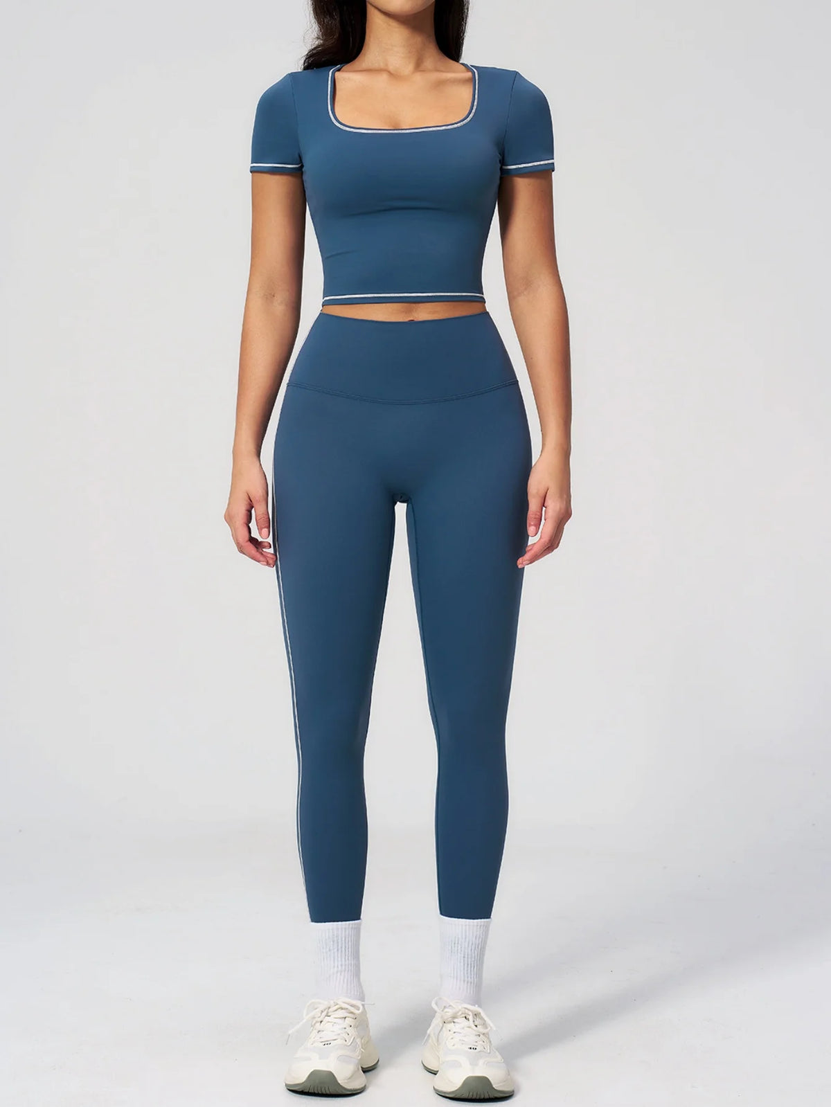 2PC Color Contrast Yoga Suit Women Short Sleeve Square Collar Slim Sports Top Fitness Suits Outdoor Exercise Leggings Tracksuit