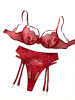 Red French Lace Embroidery Bra Set with Garter Belt Three-Piece Ensemble Sexy Underwear for Women