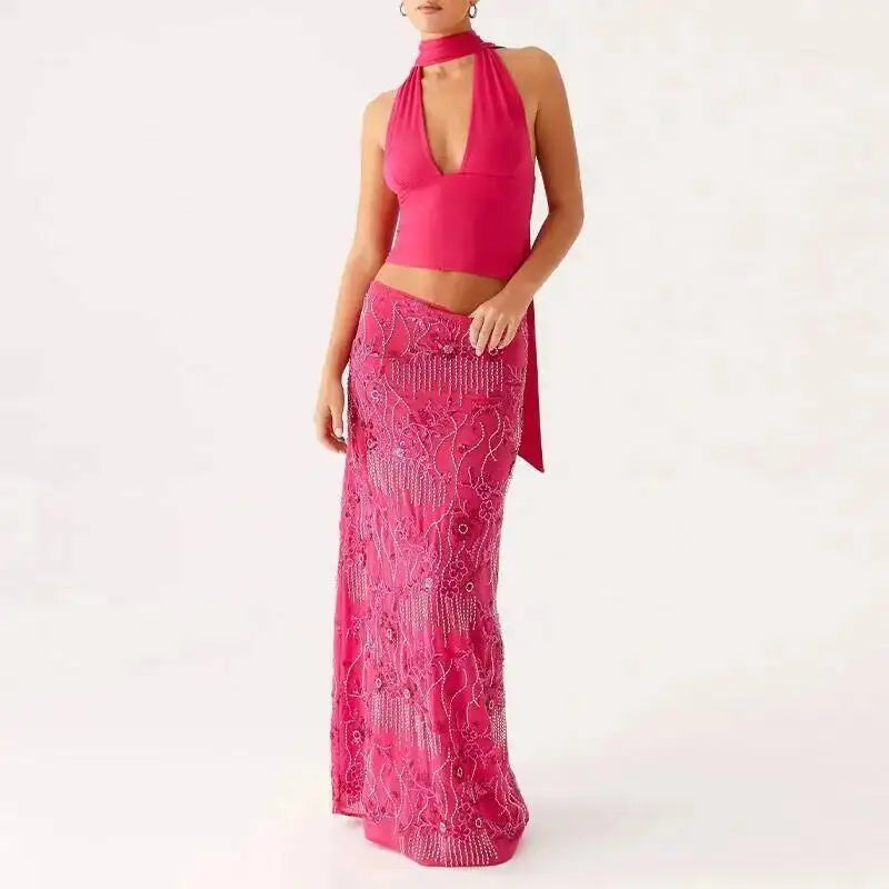 Sexy Beading Sequined Long Skirt Women Solid Low Waist Slim Straight Skirts Female Summer Lady Chic Beach Vacation Clothes JO6M