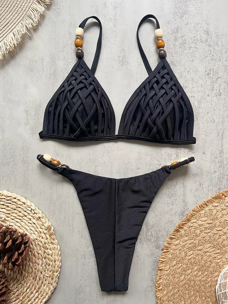 2026 Beads Cross Bandage Bikini Women Swimwear Female Swimsuit Two-pieces Bikini Set Brazilian Bathing Suit Swim Lady Beachwear