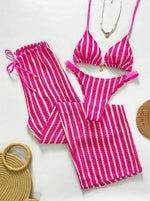 Vintage Red Striped Bikini Set 2026 Women Drawstring Long Panties 3 Piece Swimsuit Beach Holiday Bathing Suit Thong Swimwear