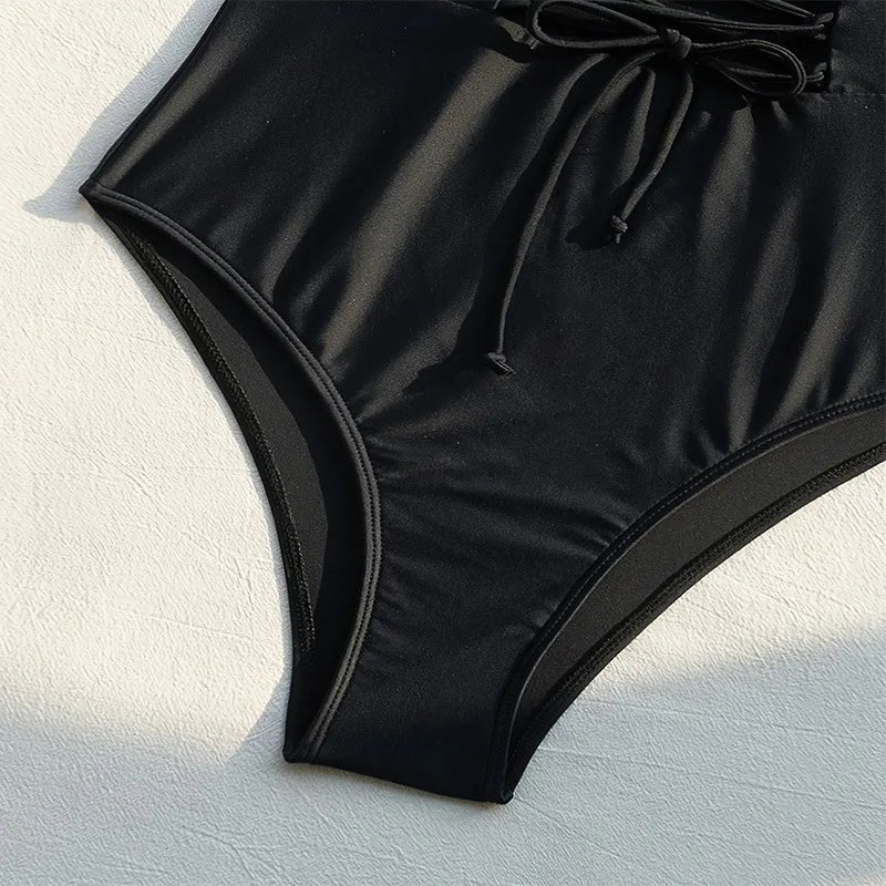 Solid Color Black One Piece Swimsuit for Women Sexy High Waist Bandage Hollow Out Monokini Bikini Underwire Push Up Swimwear