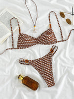 Sexy Brown Floral Print Bikini Set Women Beaded String Strap Push Up Bra Thong Swimsuit 2026 Summer Bathing Suit Micro Swimwear
