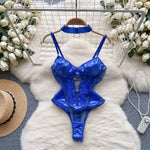 Foamlina Women's PU Leather Patchwork Mesh Bodysuit Sexy Hollow Out Slim Fit Lace Up Bandage Club Party Body Suit Woman Clothes