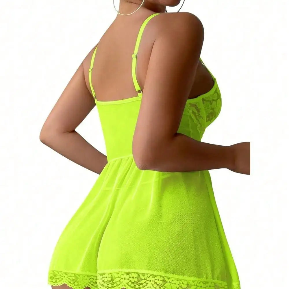 Sexy Garter Belt Mesh Lace Lingerie Dress Set With Thong