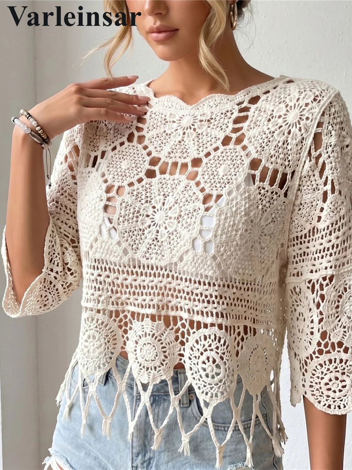 Half Sleeve Hollow Out Solid Crochet Knitted Tunic Beach Cover Up Cover-ups Beach Dress Beach Wear Beachwear Female Women V8401