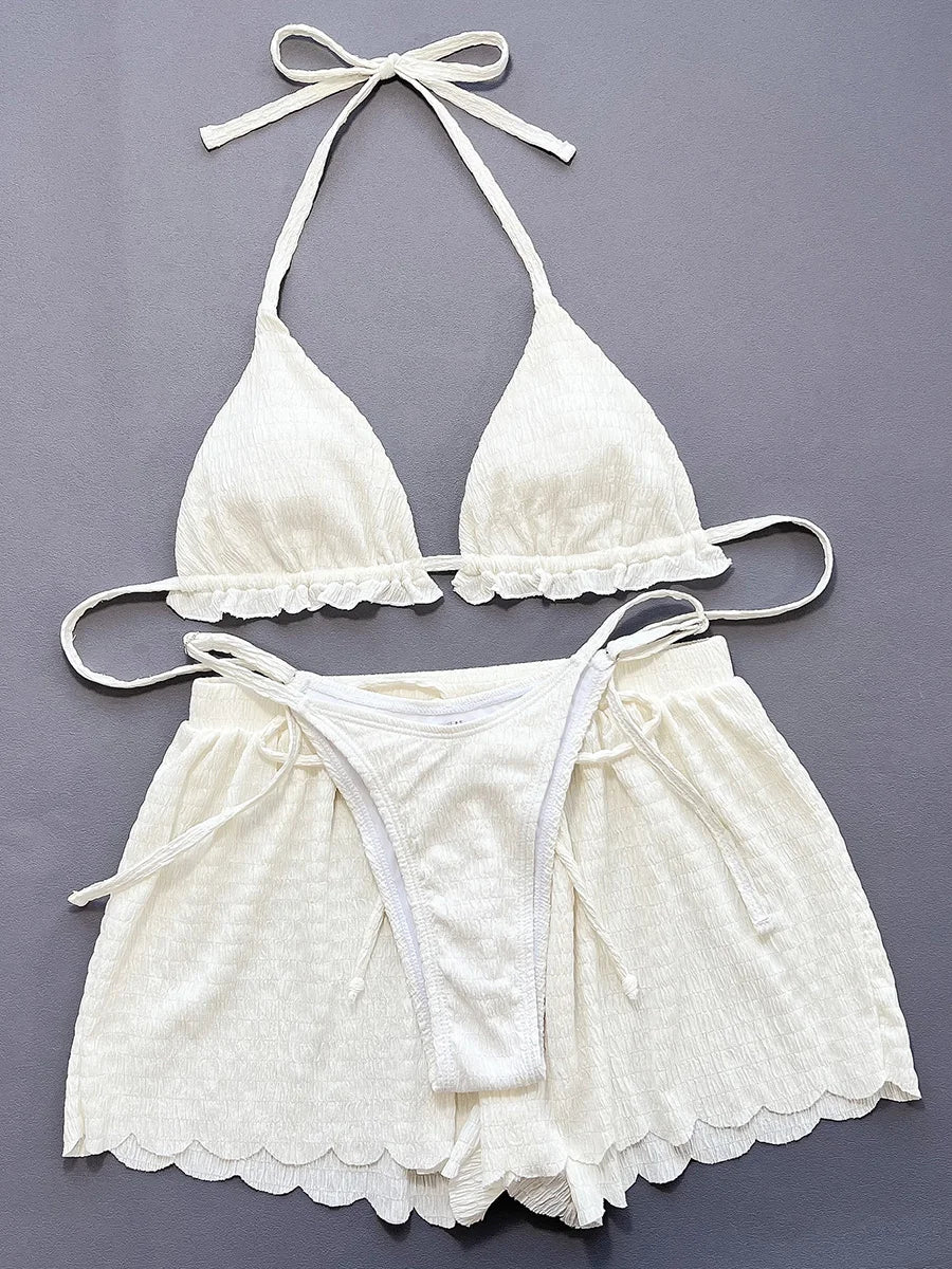 Ruffled Firlled Halter Bikini Women Swimwear Female Swimsuit Three-pieces Bikini Set with Shorts Bathing Suit Swim Beachwear