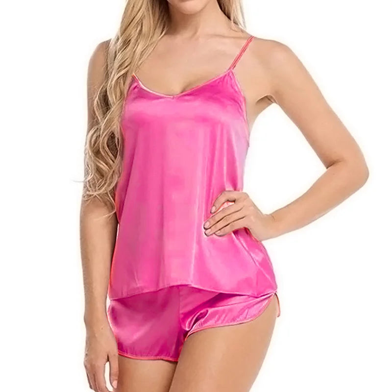 Women Satin Pajama Shorts Sets Mujer Strap Sleeveless Sexy Sleepwear Suit 2PCSV-Neck Cami Top Short Lingerie Female Nightwear