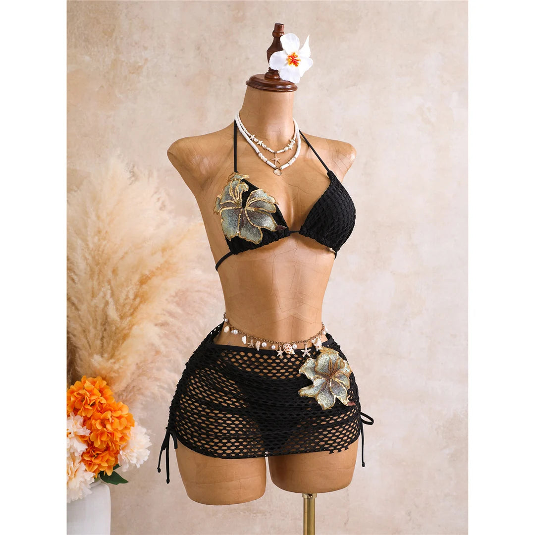 With Skirt 3D Flower Halter Bikini Women Swimwear Female Swimsuit Three-Pieces Bikini Set Padded Bather Bathing Suit SwimV8346