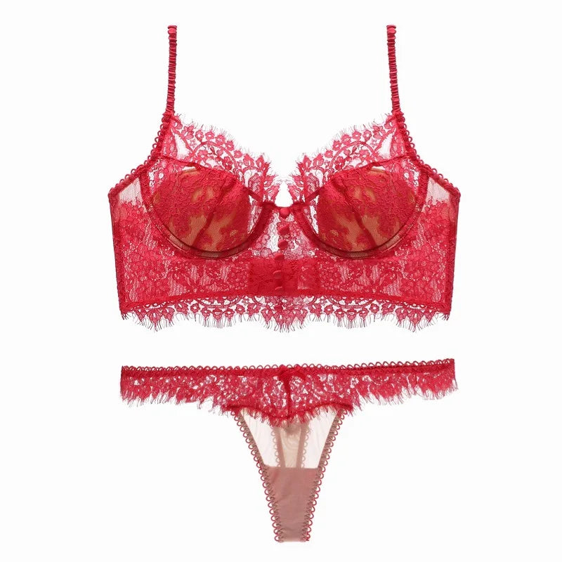 French Ultra Thin Lace Bra Set Sexy U Type Beautiful Back Underwear for Women Embroidery Flowers Bralette Romantic Bra Thong Set