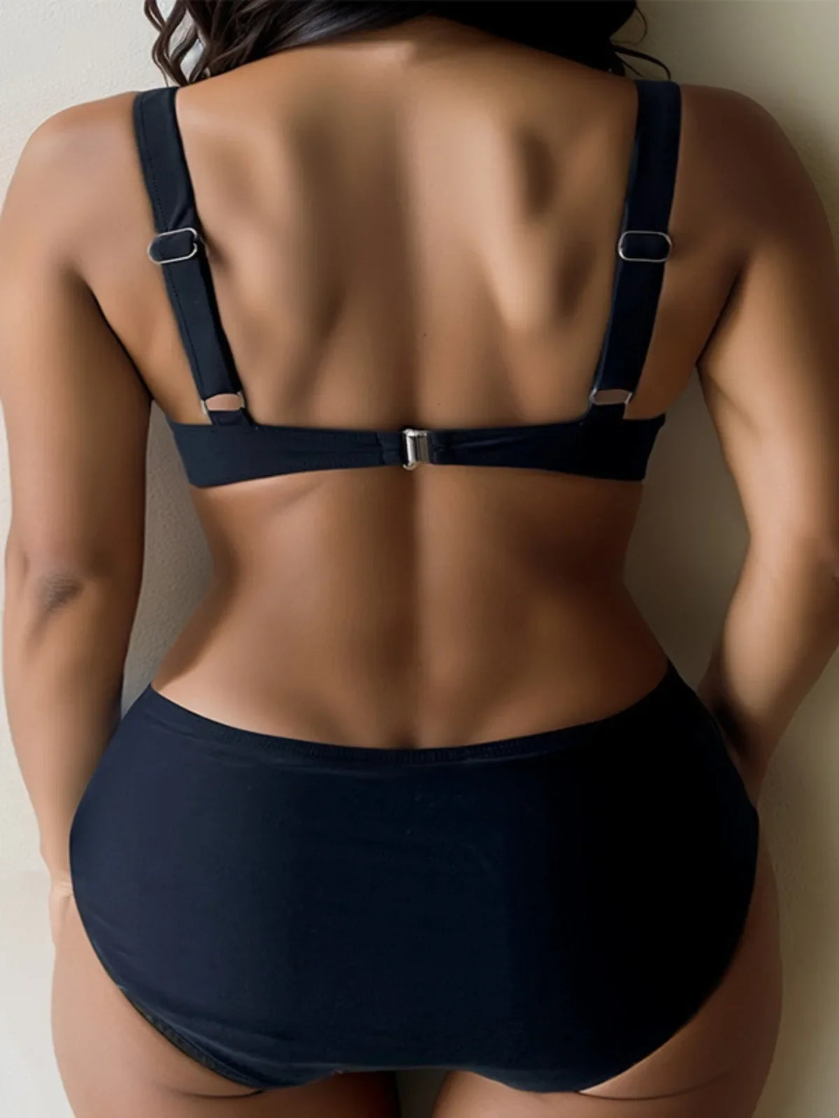 Solid Color Black Two Piece Swimsuit for Women Sexy Underwire V-neck Suspender Backless Bikini Set High Waist Beach Swimwear