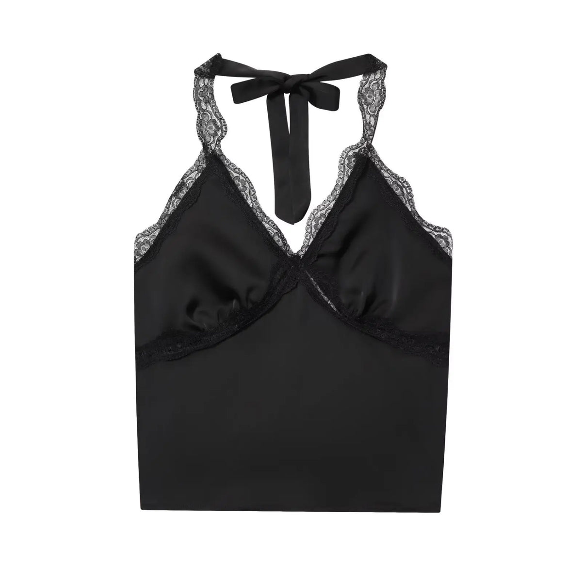 Women's Fashionable Casual Lace Halter V-Neck Double-Sided Satin Short Backless Solid Color Camisole For Woman Lace Trimmed 8BZO