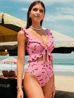 Vintage Pink Starberry Print One Piece Swimsuit 2026 Women Ruffles Bandage Cross High Waist Bikini Beach Bathing Suit Swimwear