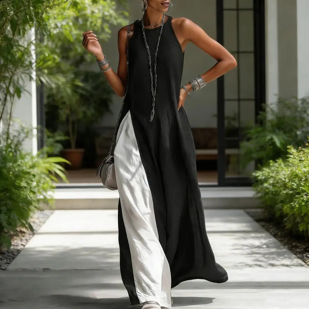 Summer Casual Beach Sundress with Pockets Women's Flowy Long Tank Top Side Split Crew Neck Sleeveless Maxi Dress