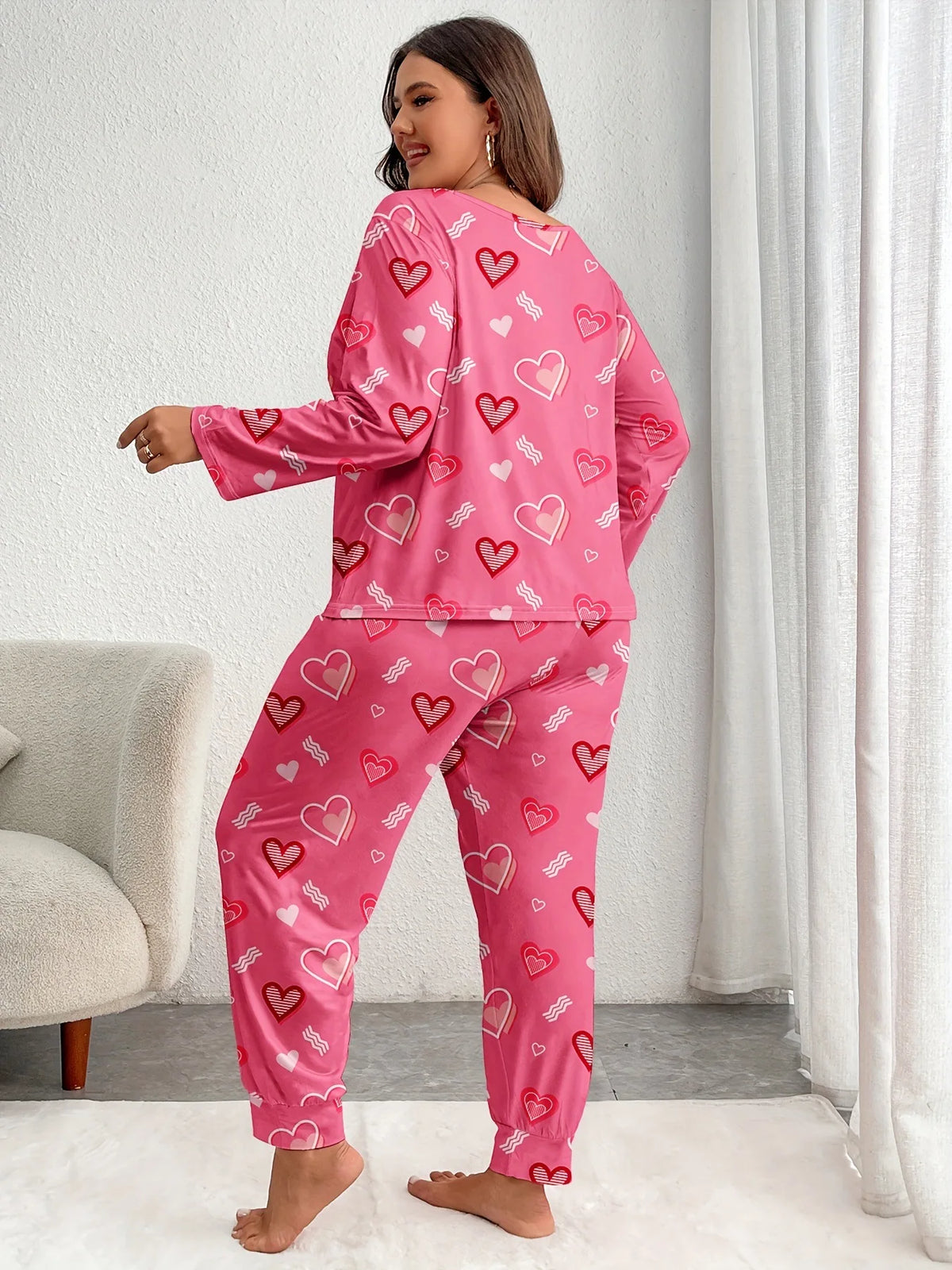 Plus Size Sleepwear Women Pajama Set Autumn Winter Pink Heart Print Long Sleeve Tops and Trousers 3XL 4XL 5XL Loungewear