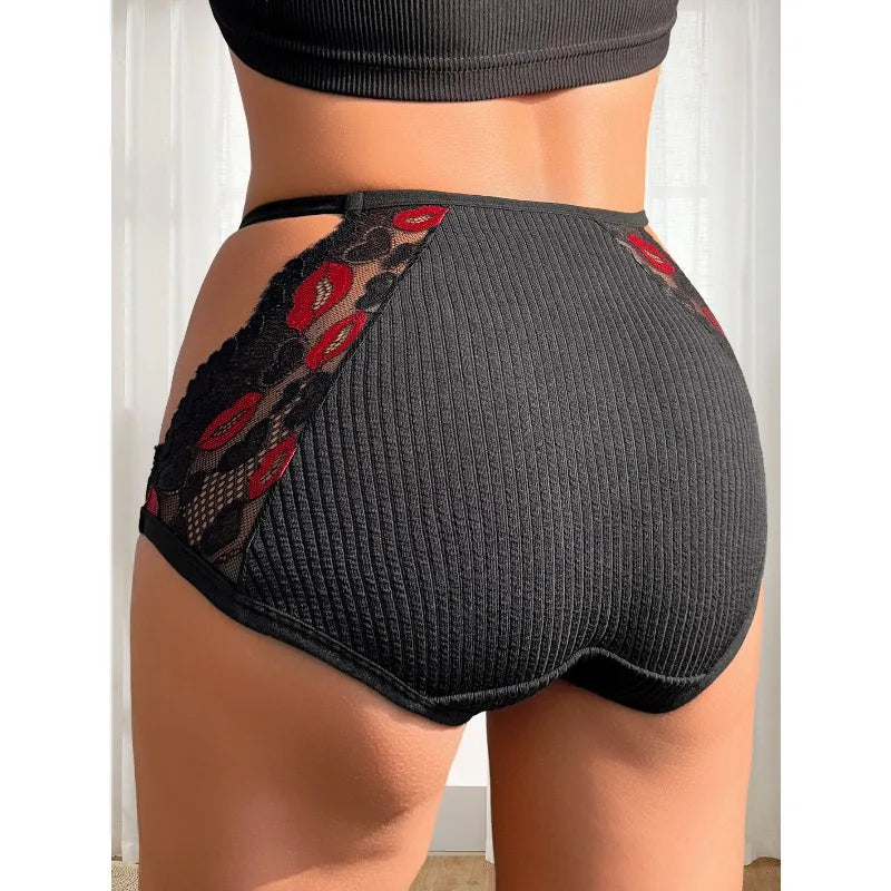 Hot Selling Women High Waist Lace Panties Premium Lip Print Soft Seamless Briefs Breathable Comfortable Sexy Intimate Underwear