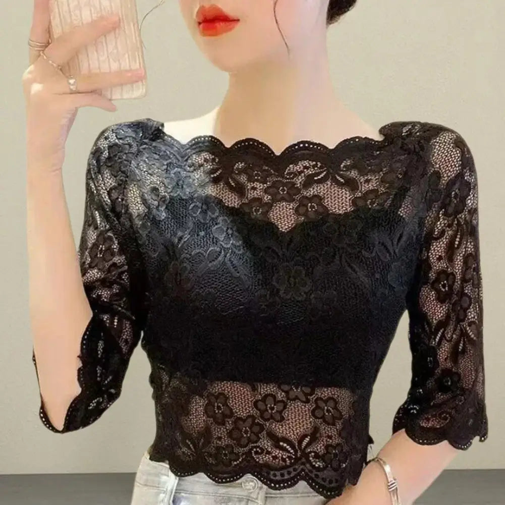 Women Summer Cropped Tops See-through Embroidery Lace Top One-word Collar Half Sleeve Blouse Pullover Tops